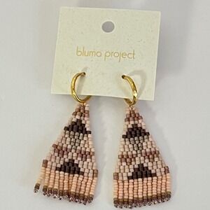Bluma‎ Project Beaded Fringe Earrings Women OS Pink Tan Gold Tone Geometric Boho